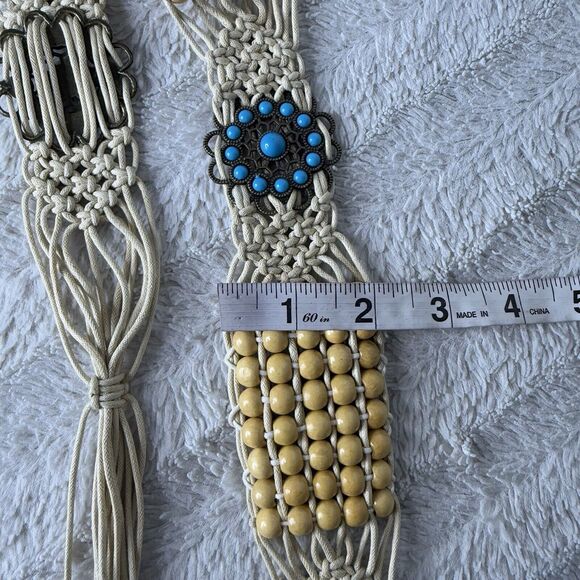 Macrame Beaded Tie Waist Belt Retro Western Boho Festival Turquoise Color Detail - Picture 6 of 7